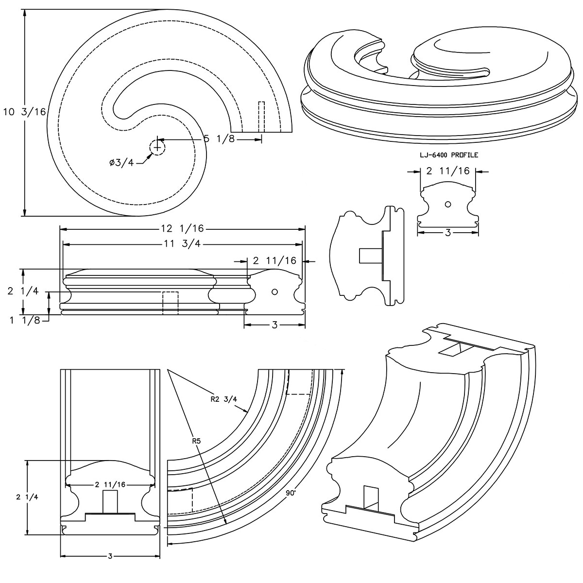 Red Oak R.H. Volute w/ 90° Upeasing - LJ7435-90